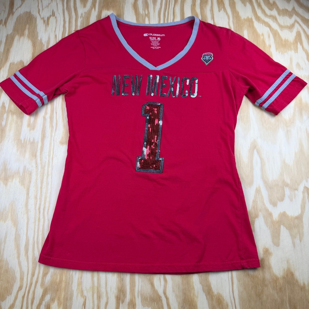 New Mexico Lobos Sequin Jersey T-Shirt Red Womens XL NCAA Fan Gear